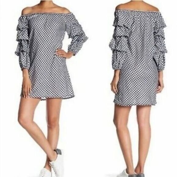 MAX STUDIO Gingham Off-Shoulder Cold Shoulder Long Sleeve Mini Dress Sz M - Picture 1 of 7